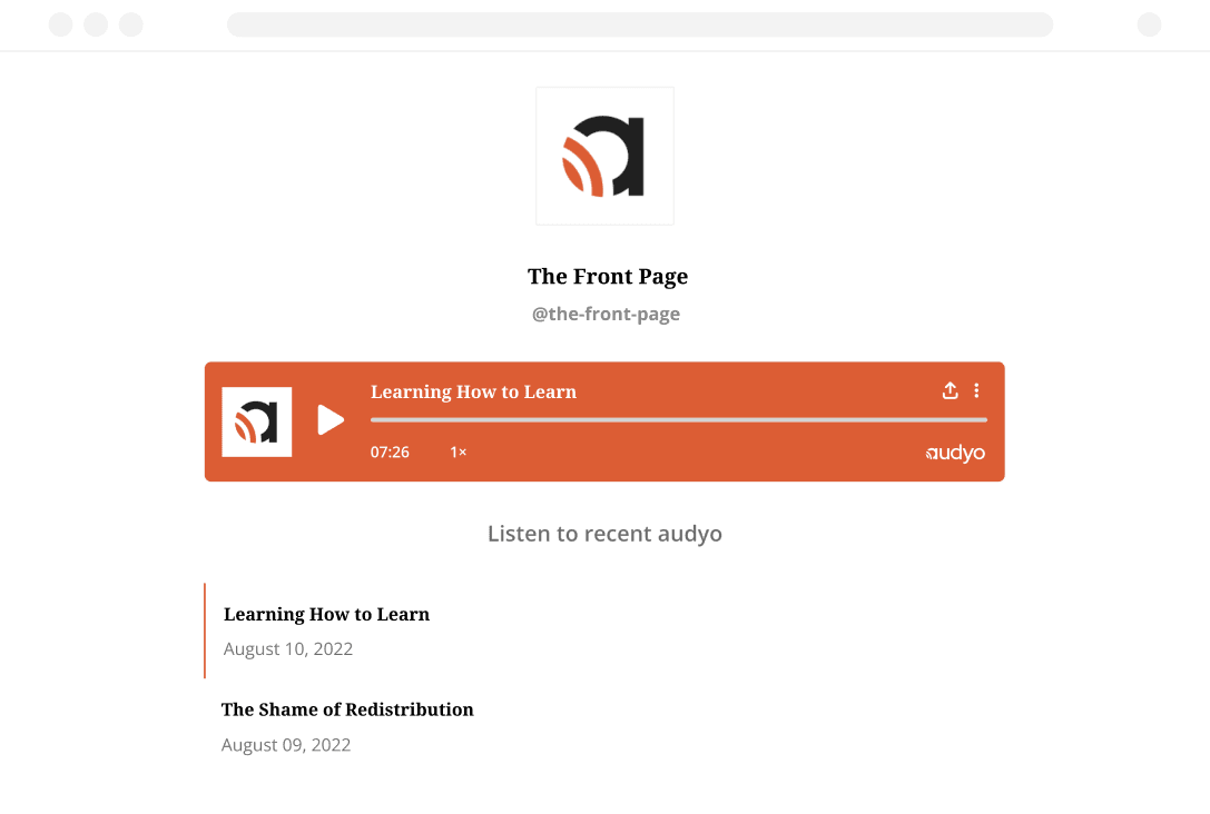 A publication page on Audyo with a branded orange player and a list of recent posts.