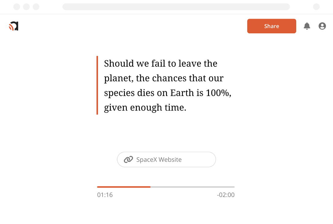 The Audyo studio playing a quote with a link card and a progress bar.